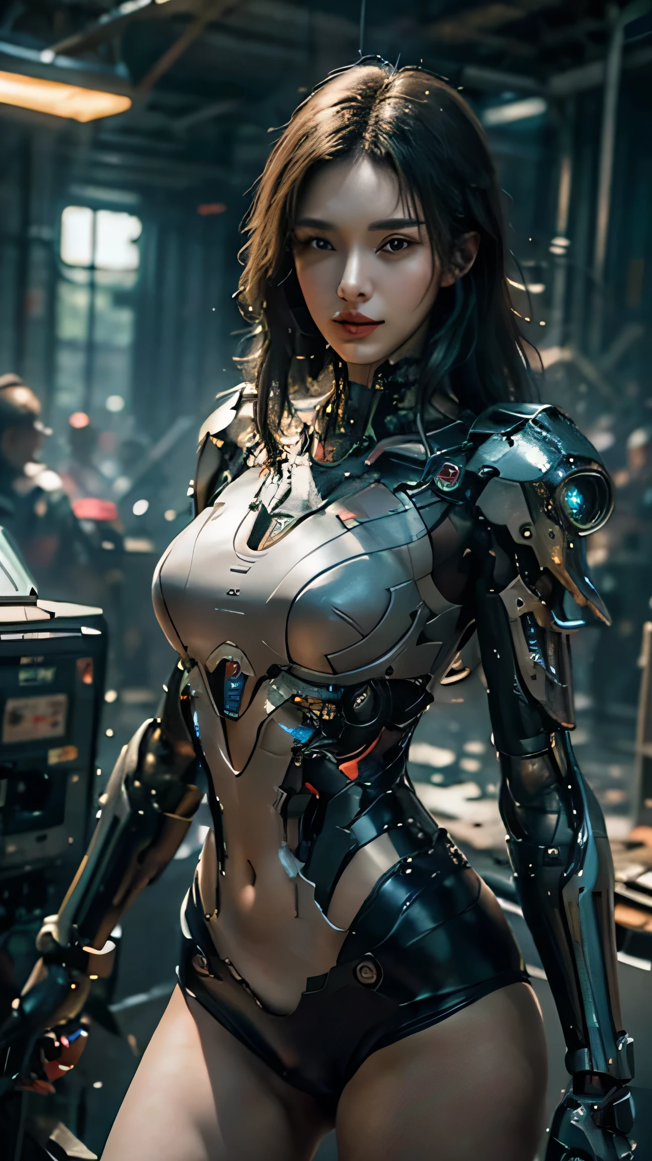 ((Masterpiece, Best Quality)), illustration, ultra-detailed 8K, realistic, sharp focus, highly detailed, professional lighting, colorful details, rainbow color breakage, factory super long lens, large mechanical robot structure, microchip, computer, luminescence, intricate details, shitu-mecha, 1girl, wearing mecha, navel, color picture, glow, (cyberpunk)