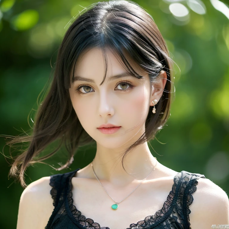 Straight black hair girl, Black lace camisole vest, beautiful clear eyes, Green pupils, beautiful necklace and earringedium chest tight and Medium breasts, Delicate face, , Clavicle,Lovely lips