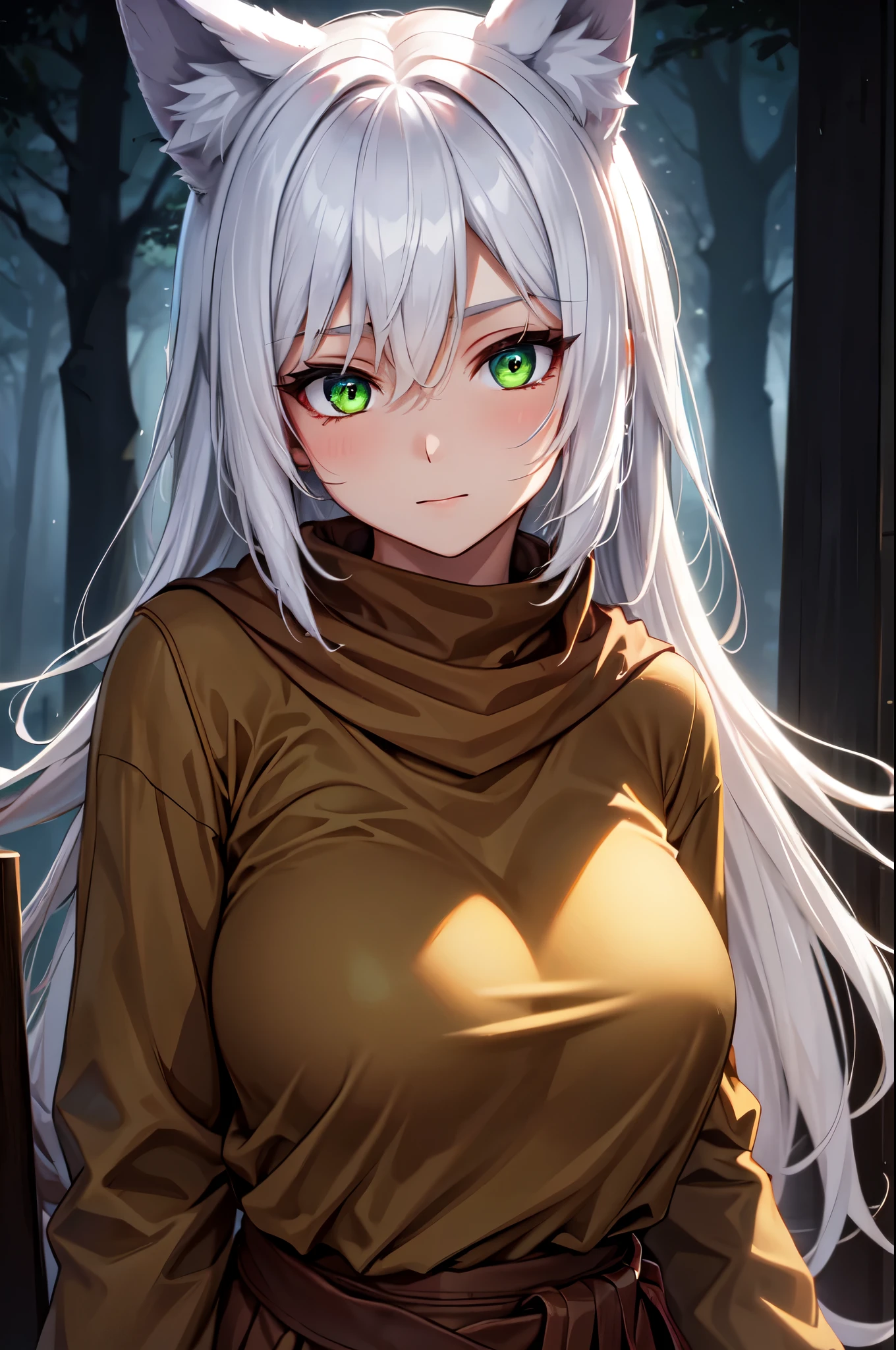 (High quality, High resolution, Fine details), (night:1.2), Foggy Forest, BREAK Wearing a ragged brown cloth, solo, curvy women, Wolf ears, BREAK White hair, BREAK (Glowing green eyes), (Detailed eyes:1.2), Sweat, Oily skin, (Dark tones), shallow depth of field