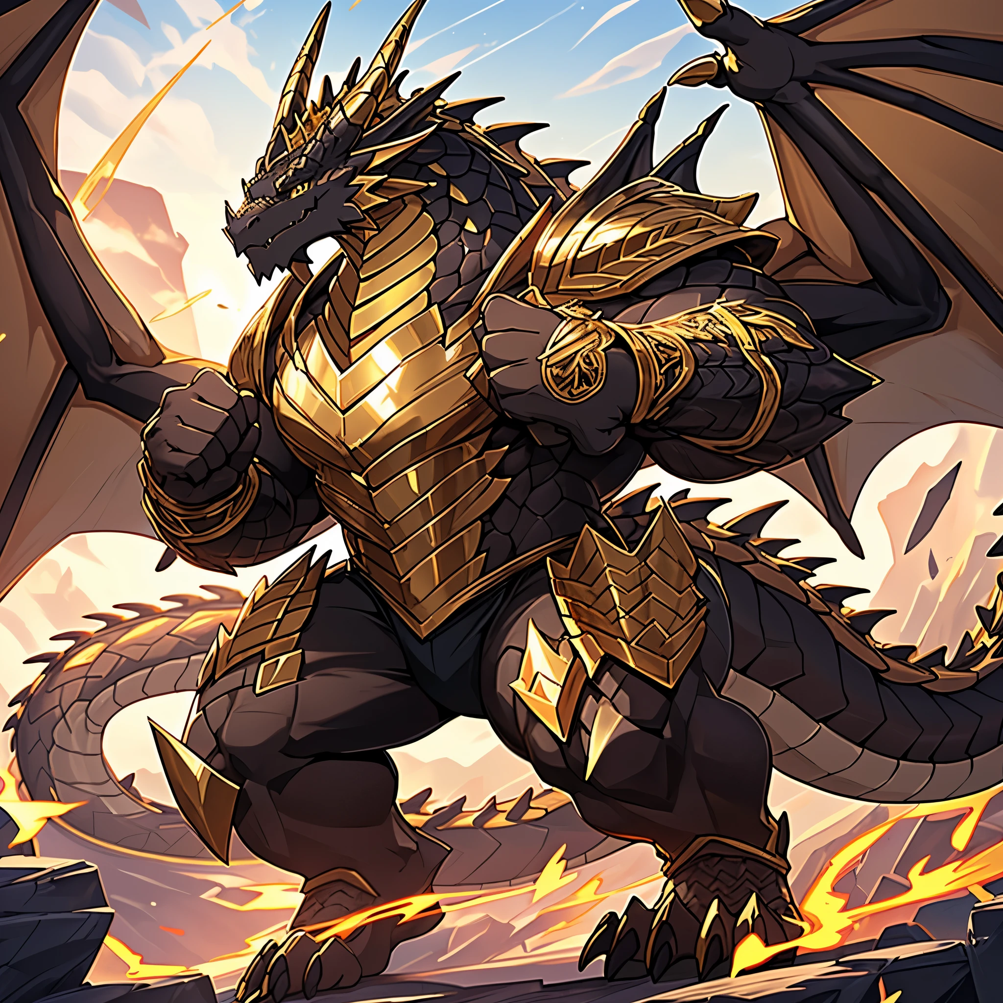 (The violent and powerful Dark Gold Dragon King，Wearing modern black and gold armor and black tights，Inlaid with dark gold gemstones：200)，Strong physique的龙形恶魔，(Large dragon body，Huge chest，Majestic wingspan，Sharp and huge dragon claws，Thick iron tail，Sharp dragon scales，The huge dark gold dragon king：2)，Strong physique，(Dark gold scales，Very tight crotch，Mighty dragon-shaped demon：2)，Dragon legs apart，Dragon wings unfold，The dragon's claws open，Excited grin，Huge mount，Overwhelming presence，Full body picture，Very detailed，4k HD