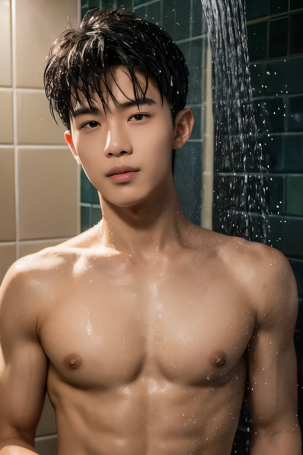 (masterpiece:1.2), 18-year-old boy, Asian, detailed face, muscular body build, taking a shower, nude, penis, various poses, shy expression, bashful expression, ultra-detailed, realistic, portraits, vibrant colors, studio lighting