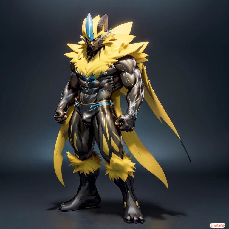 (masterpiece, best quality, detailed:1.2)
(Pokémon)
Powered exoskeleton with the same design as Zeraora
big muscle,
pecs, triceps, traps, waist narrow,
unusually developed muscular body,
bulge in the crotch, wears a small black string thong that reveals huge, muscular thighs. (metallic color: jet black thong)
body full of huge muscles.
also have a cloak on my back.
The cloak is black.
The cloak is so long that it touches the ground,
showing off muscles,
Correct limbs,
detailed full body,
Very muscular,
Large pecs,
Heavyweight,
big bump,
sparkling skin,
Vibrant colors, 4K,
realism,
full body, 
wearing a dark bodysuit underneath, 
4K, realism, Don't stray too far from Zeraora's design, Furry Heroes, Main is yellow COLOR,