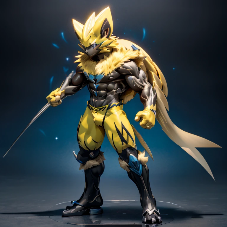 (masterpiece, best quality, detailed:1.2)
(Pokémon)
Powered exoskeleton with the same design as Zeraora
big muscle,
pecs, triceps, traps, waist narrow,
unusually developed muscular body,
bulge in the crotch, wears a small black string thong that reveals huge, muscular thighs. (metallic color: jet black thong)
body full of huge muscles.
also have a cloak on my back.
The cloak is black.
The cloak is so long that it touches the ground,
showing off muscles,
Correct limbs,
detailed full body,
Very muscular,
Large pecs,
Heavyweight,
big bump,
sparkling skin,
Vibrant colors, 4K,
realism,
full body, 
wearing a dark bodysuit underneath, 
4K, realism, Don't stray too far from Zeraora's design, Furry Heroes, Main is yellow COLOR,