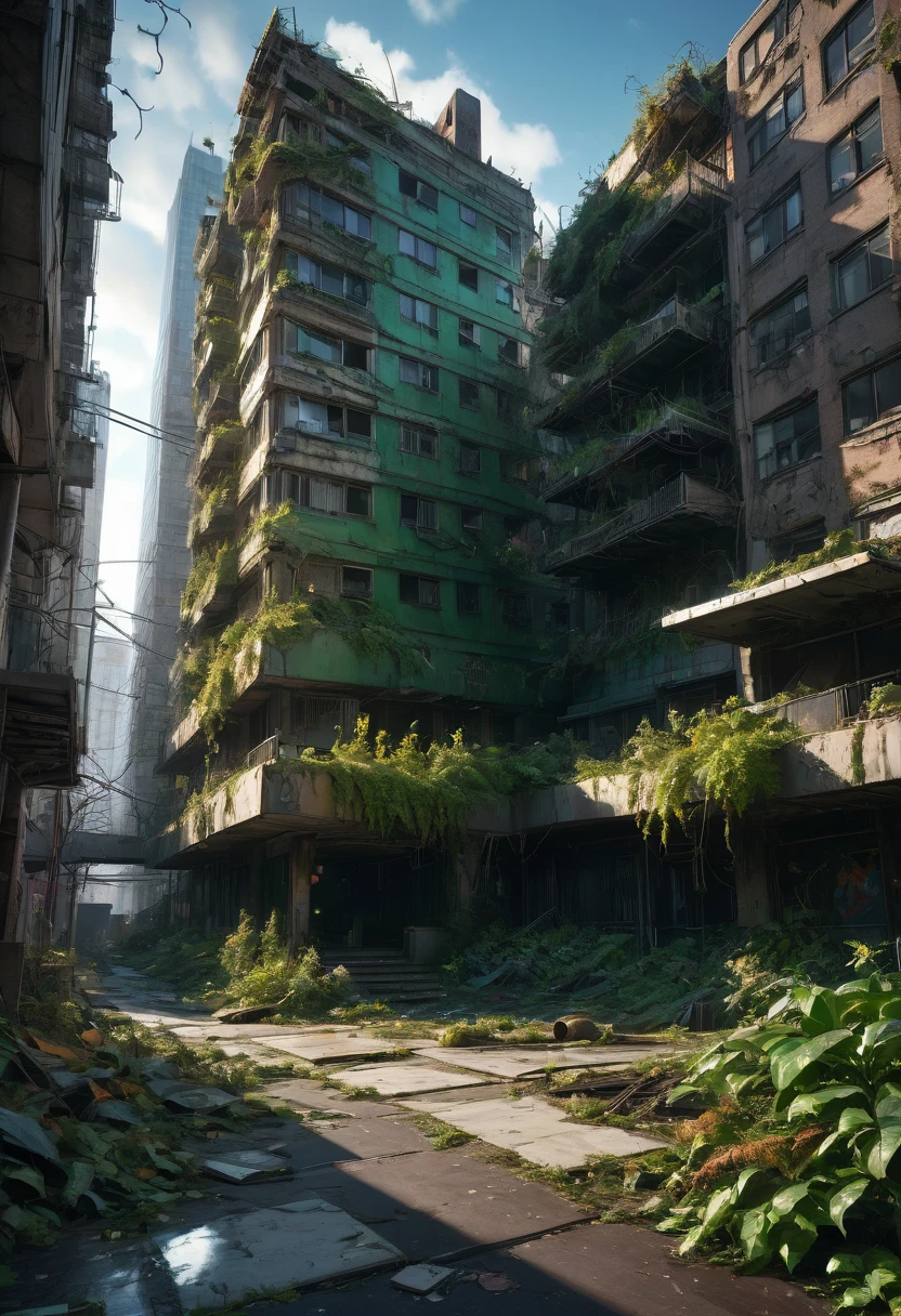 1girl, Post-Apocalyptic Wasteland, Post-apocalyptic cityscape. Toppled skyscrapers, abandoned playgrounds, trees and plants growing up through the sidewalk, photo-realistic, Intricately detailed architecture, green, black, dynamic volumetric lighting and color, 8K resolution, fall-out, nuclear winter.