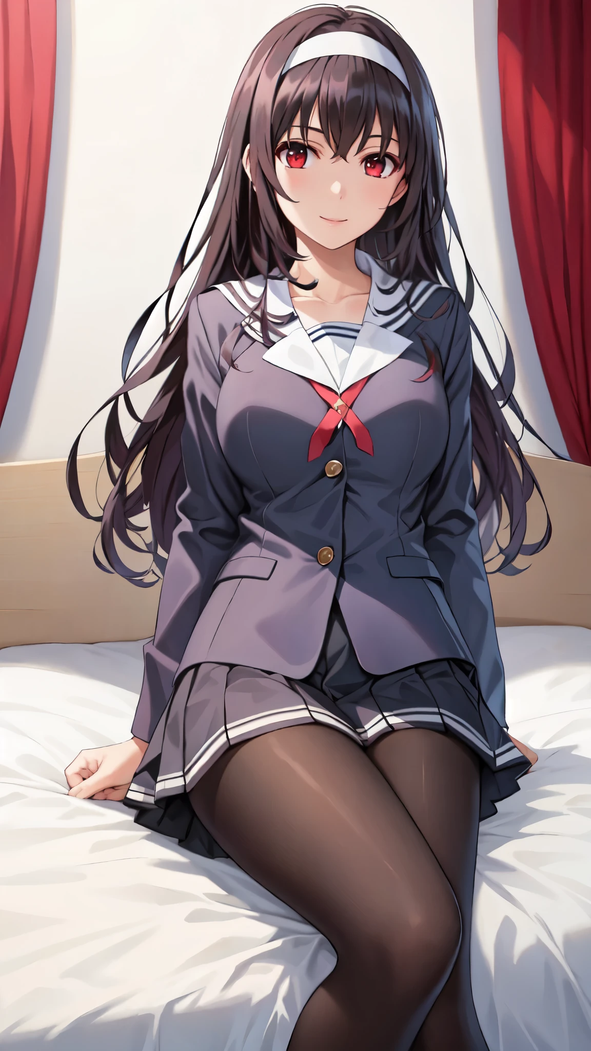 masterpiece, highest quality, One girl, anime,Aesthetic Anime Eyes,Smile,alone, Long Hair, Black Pantyhose, , Black Hair, Long Straight Hair,Red eyes, Pleated skirt, White hair band, bangs, Jacket, big breasts,Bedroom,bed,