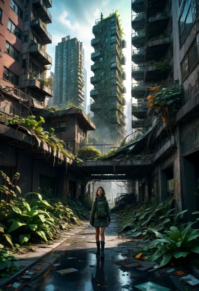 1girl, Post-Apocalyptic Wasteland, Post-apocalyptic cityscape. Toppled skyscrapers, abandoned playgrounds, trees and plants growing up through the sidewalk, photo-realistic, Intricately detailed architecture, green, black, dynamic volumetric lighting and color, 8K resolution, fall-out, nuclear winter.