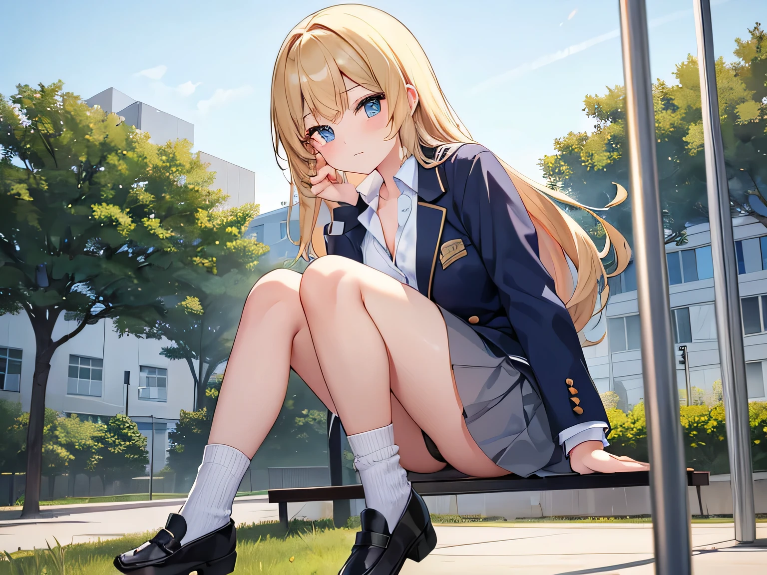 (Masterpiece, top quality, high resolution, realistic photo, realistic looking skin:1.1),
(A high school girl is walking on a high school playground:1.5),
(She is a delinquent and is staring at us: 1.5),
(She is wearing a navy blue blazer from her high school uniform:1.5),
(She has her blazer unbuttoned and her shirt open to the second button: 1.8),
(She is wearing a gray mini-skirt of her high school uniform:1.5),
(She is wearing black loafers: 1.5),
(She is wearing loose socks: 1.8),
(She is wearing socks of the same color and the same length on both feet:1.8)
(She has long blond hair:1.5),
(The location is a fresh green high school playground:1.5),
1 Japanese girl, solo, full bodied esbian, beautiful eyes, glowing eyes, glowing thighs, NSFW