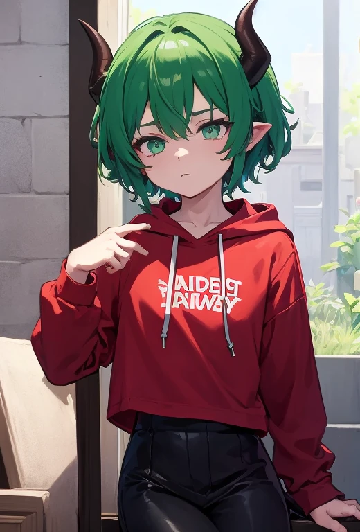 (Superior Quality, Masterpiece: 1.2), 1 boy, horned, animated, green hair, rosy bangs, emerald eyes, horns, purple theme, gazing at the audience, hoodie, leather jacket, red shirt, pointed ears, little devil, solo, wearing a shirt, short curly hair.