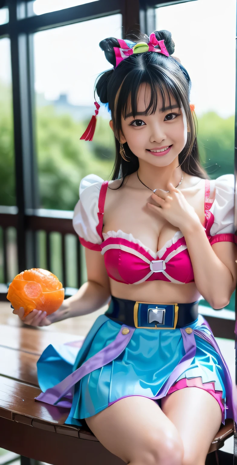 （8K、Raw photography、highest quality、masterpiece：1.2),(black hair:1.7),show viewer,Looking at the front,(super sentai series、She is wearing a colorful PreCure series costume.:1.6)、(Clothing that emphasizes the shape of your chest:1.3)、(big breasts :1.2)、exposed breast, red panty, slim body shape、ultra high resolution,beautiful,beautiful fece,(alone, alone、no background:1.9),whole bodyボディー,、(black eye、japanese woman: 1.3),（Photoreal：1.37）、photon mapping,reality、(Cute with a baby face: 1.1)、(cute smile: 1.7)、(With a round face: 1.8)、radio city、Physically based rendering、depth of field rally background、photograph, (I can see your knees,close up of thighs、skirt is too short、spread your legs、showing off red panties:1.3),whole body、super fine