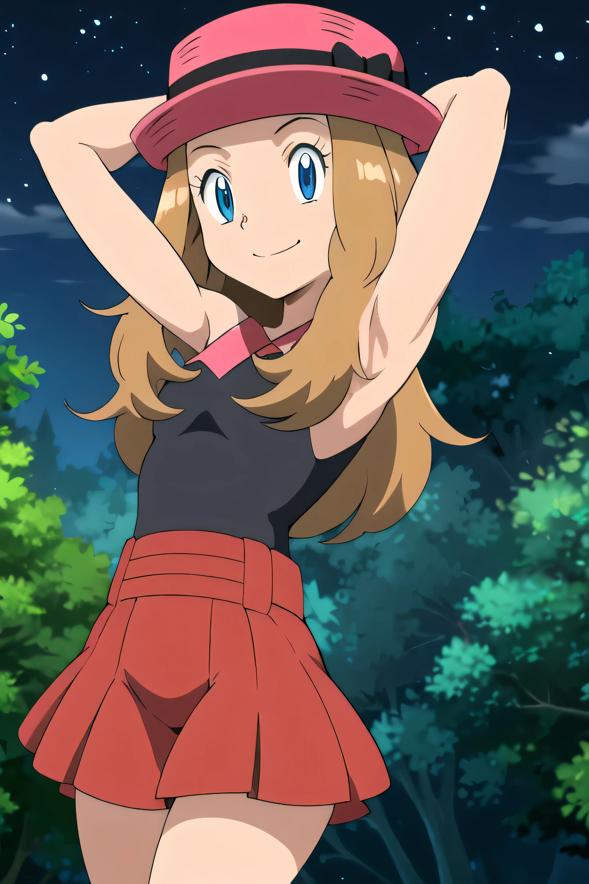 masterpiece, best quality, highres, 1girl, solo, serena (pokemon), pink headwear, red skirt, black shirt, bare shoulders, looking at viewer, closed mouth, solo, night sky, forest, arms behind head, contrapposto, spread armpits, closed mouth, smile, (cowboy shot: 1.3), high quality,