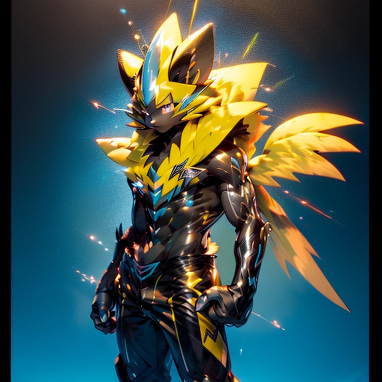 (masterpiece, best quality, detailed:1.2)
(Pokémon)
Powered exoskeleton with the same design as Zeraora
big muscle,
pecs, triceps, traps, waist narrow,
unusually developed muscular body,
bulge in the crotch, wears a small black string thong that reveals huge, muscular thighs. (metallic color: jet black thong)
body full of huge muscles.
also have a cloak on my back.
The cloak is black.
The cloak is so long that it touches the ground,
showing off muscles,
Correct limbs,
detailed full body,
Very muscular,
Large pecs,
Heavyweight,
big bump,
sparkling skin,
Vibrant colors, 4K,
realism,
full body, 
wearing a dark bodysuit underneath, 
4K, realism, Don't stray too far from Zeraora's design, Furry Heroes, Main is yellow COLOR,