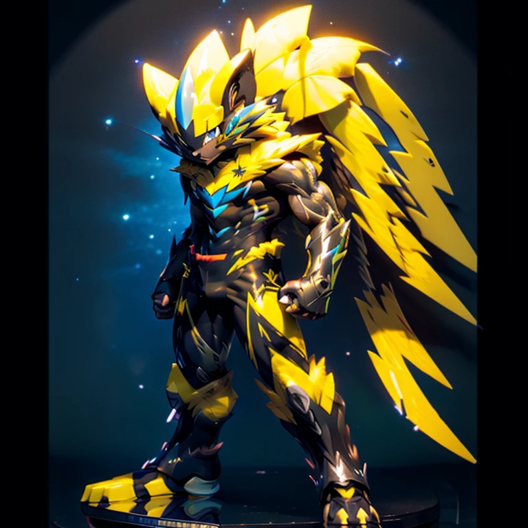 (masterpiece, best quality, detailed:1.2)
(Pokémon)
Powered exoskeleton with the same design as Zeraora
big muscle,
pecs, triceps, traps, waist narrow,
unusually developed muscular body,
bulge in the crotch, wears a small black string thong that reveals huge, muscular thighs. (metallic color: jet black thong)
body full of huge muscles.
also have a cloak on my back.
The cloak is black.
The cloak is so long that it touches the ground,
showing off muscles,
Correct limbs,
detailed full body,
Very muscular,
Large pecs,
Heavyweight,
big bump,
sparkling skin,
Vibrant colors, 4K,
realism,
full body, 
wearing a dark bodysuit underneath, 
4K, realism, Don't stray too far from Zeraora's design, Furry Heroes, Main is yellow COLOR,