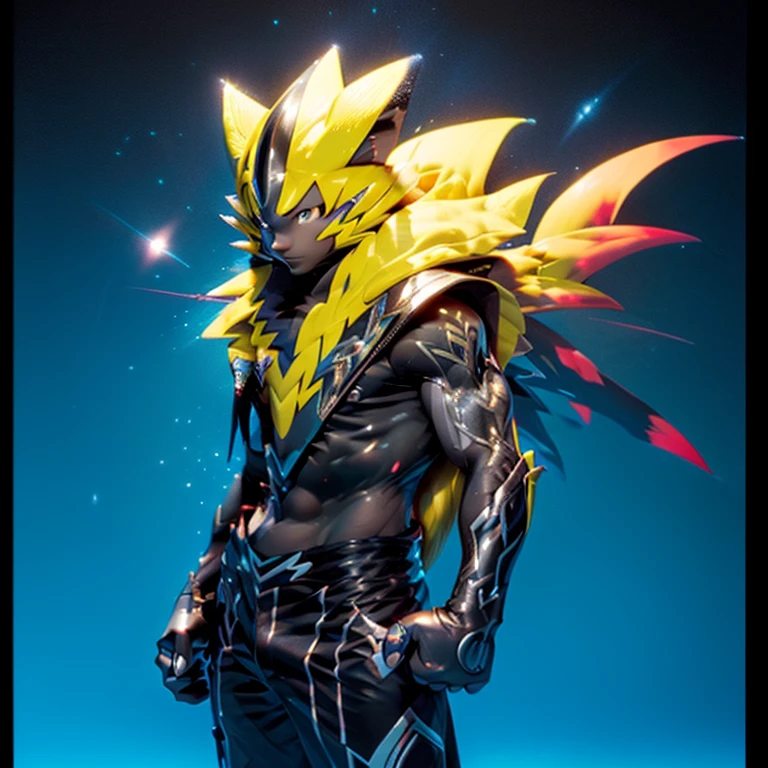 (masterpiece, best quality, detailed:1.2)
(Pokémon)
Powered exoskeleton with the same design as Zeraora
big muscle,
pecs, triceps, traps, waist narrow,
unusually developed muscular body,
bulge in the crotch, wears a small black string thong that reveals huge, muscular thighs. (metallic color: jet black thong)
body full of huge muscles.
also have a cloak on my back.
The cloak is black.
The cloak is so long that it touches the ground,
showing off muscles,
Correct limbs,
detailed full body,
Very muscular,
Large pecs,
Heavyweight,
big bump,
sparkling skin,
Vibrant colors, 4K,
realism,
full body, 
wearing a dark bodysuit underneath, 
4K, realism, Don't stray too far from Zeraora's design, Furry Heroes, Main is yellow COLOR,