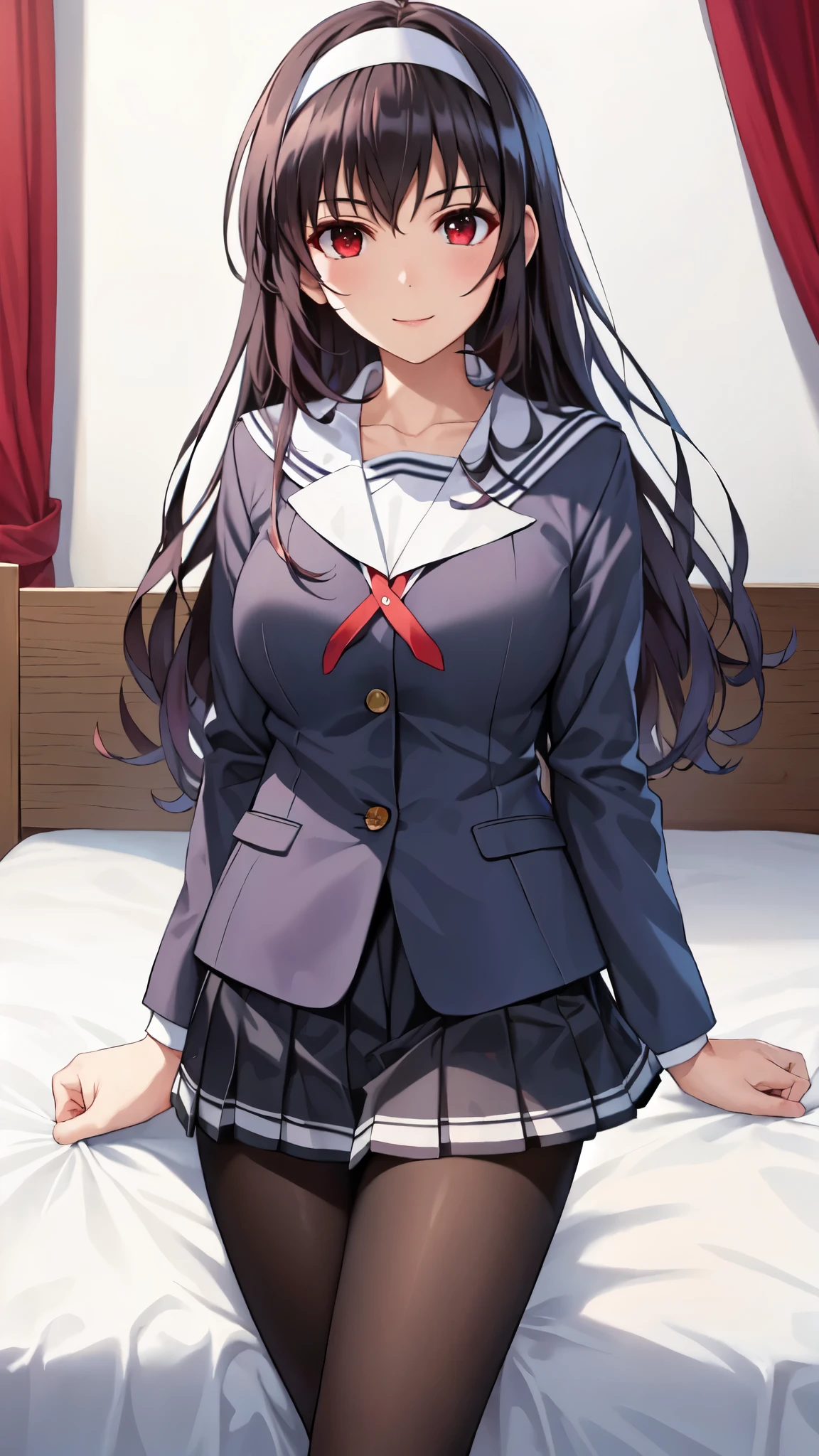 masterpiece, highest quality, One girl, anime,Aesthetic Anime Eyes,Smile,alone, Long Hair, Black Pantyhose, , Black Hair, Long Straight Hair,Red eyes, Pleated skirt, White hair band, bangs, Jacket, big breasts,Bedroom,bed,