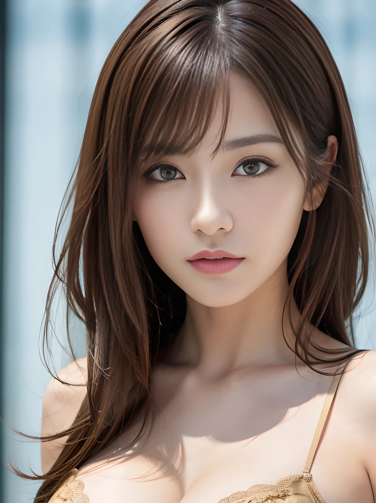 (masterpiece:1.3)、(8k、Photorealistic、Raw photo、highest quality: 1.4)、(1 Japanese girl)、Beautiful Face、(A vivid face)、(brown hair:1.5)、(Medium Hair)、Beautiful hairstyle、（One eye is hidden by bangs：1.5）、Realistic brown eyes、Beautiful details、（real skin）、Beautiful Skin、Purple bra、Absurd、attractive、Embarrassing、High resolution、Surreal、High Detail、Golden Ratio