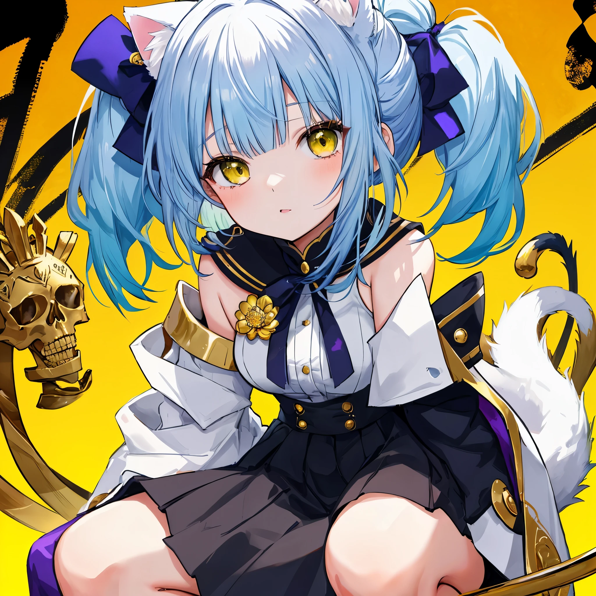 **Theme**: The Ultimate Cuteness of Beastkin Sisters, Catgirls, Shining Against a Gold and Yellow Background
**Number of Characters**: Two beastkin
**World**: A fusion of anime and manga in modern Egypt
**Body Type**: Elder Sister - Perfect female figure, Younger Sister - skeleton, slender limbs, delicate curves, dainty hands, short stature, compact body, adorable appearance, both sisters have cat ears and tails
**Outfit**: Elder Sister - High school girl uniform, Younger Sister - Cute modern clothes for a 10-year-old girl
**Outfit Color**: Yellow
**Hairstyle**: Long hair, ponytail, twintails, bob cut, main hairstyle with the remaining three hairstyles arranged (for both sisters)
**Hair Color**: Gold, blue, green only
**Emotion**: Calm expression
**Action**: Younger sister sitting on elder sister's lap
**Perspective**: View from the front
**Composition**: Characters placed in the center
**Background**: Background with a gradient of gold and yellow
**Lighting**: Bright sunlight
**Style**: High-resolution official artwork or very detailed and elaborate fan art style trending on ArtStation or Pixiv. Please refer to the original paintings of Kusuhara Krentz, feminine style, Fate style, Enako style, Nozomi Sasaki style, Kanna Hashimoto style. Also incorporate real anime 2.5D style or real anime girls style
**Quality Improvement**: Aim for absurd, highest quality, real, hyperreal, ultra-detailed illustrations using the golden ratio 1.2 and drafting board 1.3. Create a beautiful masterpiece with a large file size created in 64K. The resolution of the face is also high, and the lighting is perfectly finished. Resolution is 8K, ultra-high resolution: 1.2, selectable high resolution (HD, 4K, 8K, 16K, etc.). The color bit depth is 24 bits, 48 bits