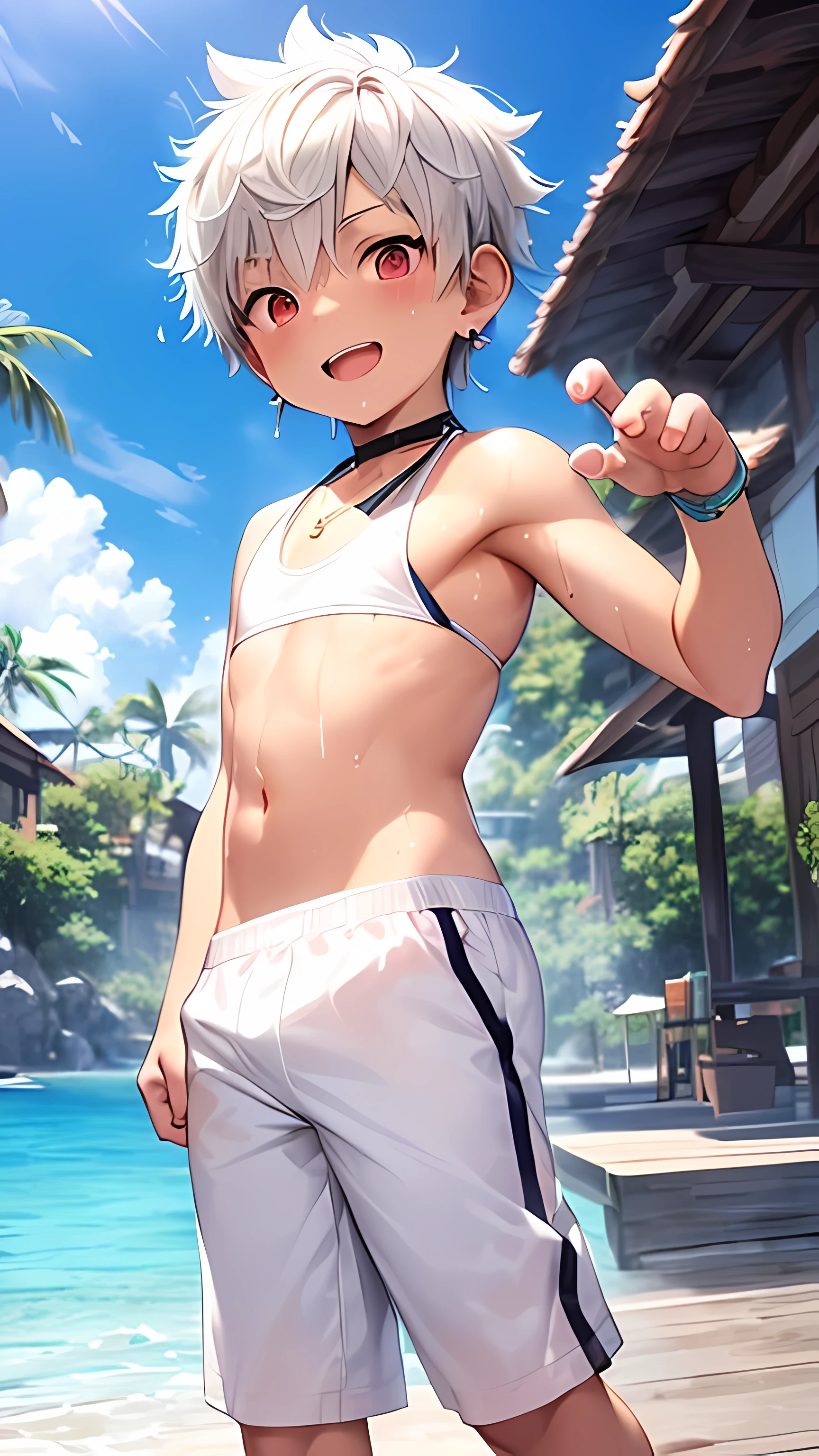 (shota:1.5), (baggy white tank top:1.5), (white bikini pants:1.5), (small penis), (claw pose:1.3), wind blowing, (((best quality))), (((masterpiece))), (((ultra detailed))), (skinny:1.3), (spiked hair), (wind blowing), ((light blue hair)), wine red eyes, raised arms, ((smiling)),  (open mouth), ((earrings)), blue sky, grass, (choker on neck), full body shot, armpits, sweaty skin, ((wet clothes)), nipple, center, beach sandals,