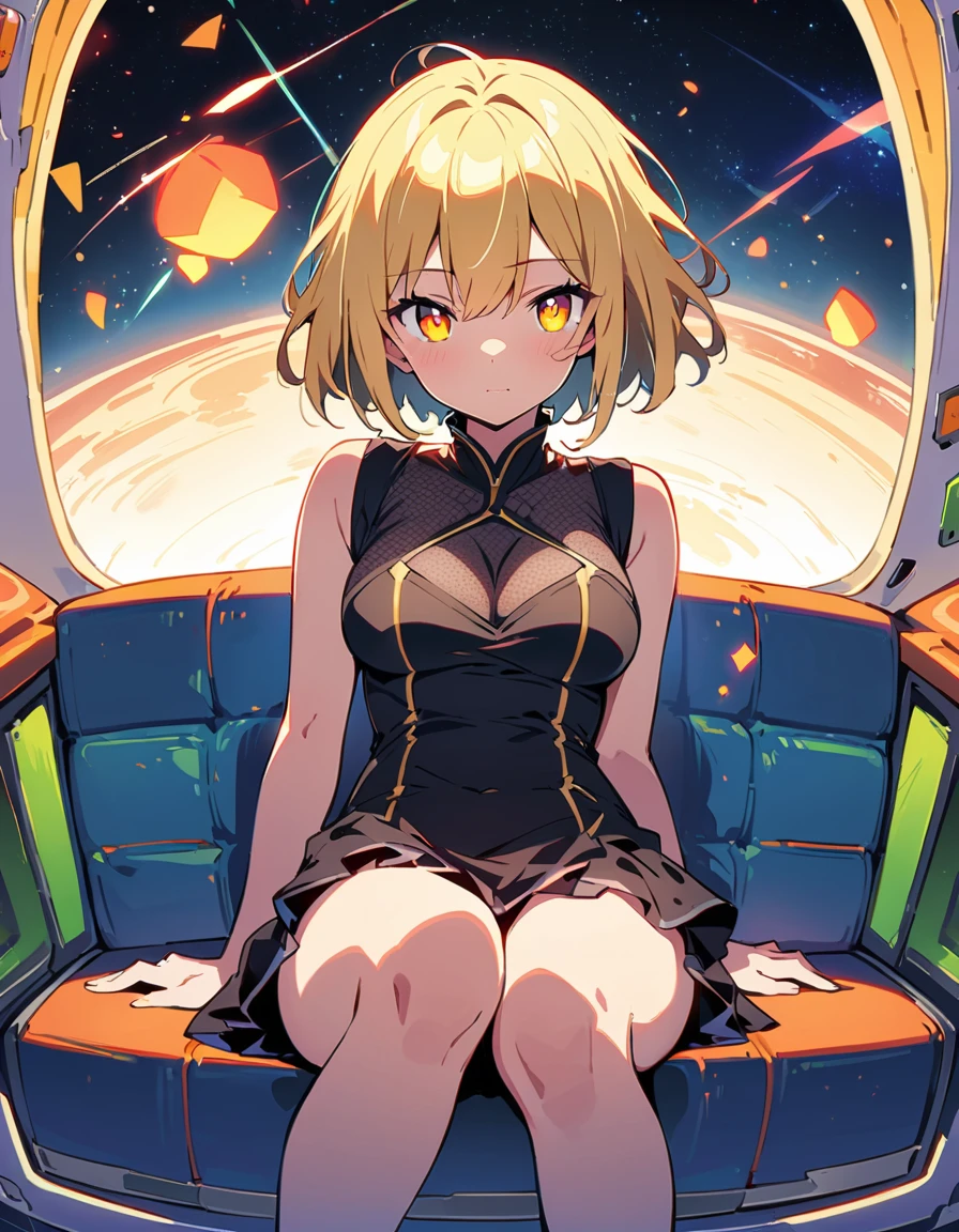 (highest quality、masterpiece、High resolution、detailed)、animeスタイル、Flat Style、extremely detailed、High saturation、(Shining Eyes、detailed美しい顔),  BREAK,1 girl、A young sexy woman with short hair and blonde hair in sexy clothes sits in a spaceship seat、A beautiful starry sky can be seen from the window.。(highest quality、masterpiece、High resolution、detailed)、animeスタイル、Flat Style、(Shining Eyes、detailed美しい顔),  BREAK,anime