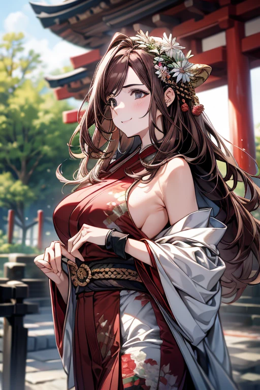 (masterpiece, highest quality:1.2), (High resolution, 8k RAW photo, Photorealistic, Clear focus), (Natural light, Fabric Shading), throw, Focus Only, whole body, 1 girl, Kogane Tsukioka, B93, Japanese, 19 years old, Shiny skin, big breasts:0.5, look at the scenery, ((highest quality,8k,Tmasterpiece:1.3)), Sharp focus on the chest:1.2, Pretty woman with perfect figure:1.4, (((big breastsの谷間))), (信じられないほどbig breasts:1.5), Straight hair、Hair blowing in the wind, (Big Hips), smile, Thin abdominal muscles:1.2, ((Beautiful brown hair,:1.4)),Raised to be sexy, New Year's visit, Put your hands together, Pray for the future, smile, Half Up Hair, Wavy Hair, kimono, kimono, In the Zen garden of a Japanese temple, In front of the torii gate, in spring,Depth of written boundary, Bokeh, Dynamic Angle, From side to top, (Correct Anatomy, Ideal body proportions), Overnight, Under the stars,