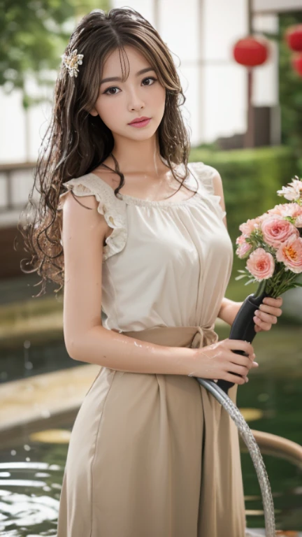 highest quality，masterpiece，超A high resolution，RAW Photos，One Girl，Loose perm hair、length、brown hair、Arms crossed、Japanese、Loose perm hair、length、brown hair、Surprised face、Professional photography、Eye contact with the audience、Same skin type as humans、A woman dressed in Japan from head to toe、Blur the background、Anatomical accuracy、Very detailed and beautiful、Ultra HD、length、Her hair is flowing and sexy、Very detailed beautiful girl、Shoulder-length hair、Floristのスタッフ,Florist、White long skirt、(The light brown sleeveless top is wet:1.4)、(Watering the flowers with a hose:1.4)、(Water gets on clothes:1.2),Floristの店内