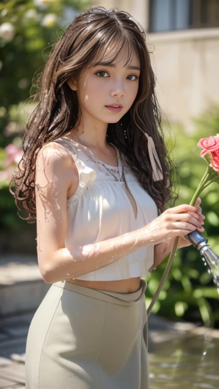 highest quality，masterpiece，超A high resolution，RAW Photos，One Girl，Loose perm hair、length、brown hair、Arms crossed、Japanese、Loose perm hair、length、brown hair、Surprised face、Professional photography、Eye contact with the audience、Same skin type as humans、A woman dressed in Japan from head to toe、Blur the background、Anatomical accuracy、Very detailed and beautiful、Ultra HD、length、Her hair is flowing and sexy、Very detailed beautiful girl、Shoulder-length hair、Floristのスタッフ,Florist、White long skirt、(The light brown sleeveless top is wet:1.4)、(Watering the flowers with a hose:1.4)、(Water gets on clothes:1.2),Floristの店内