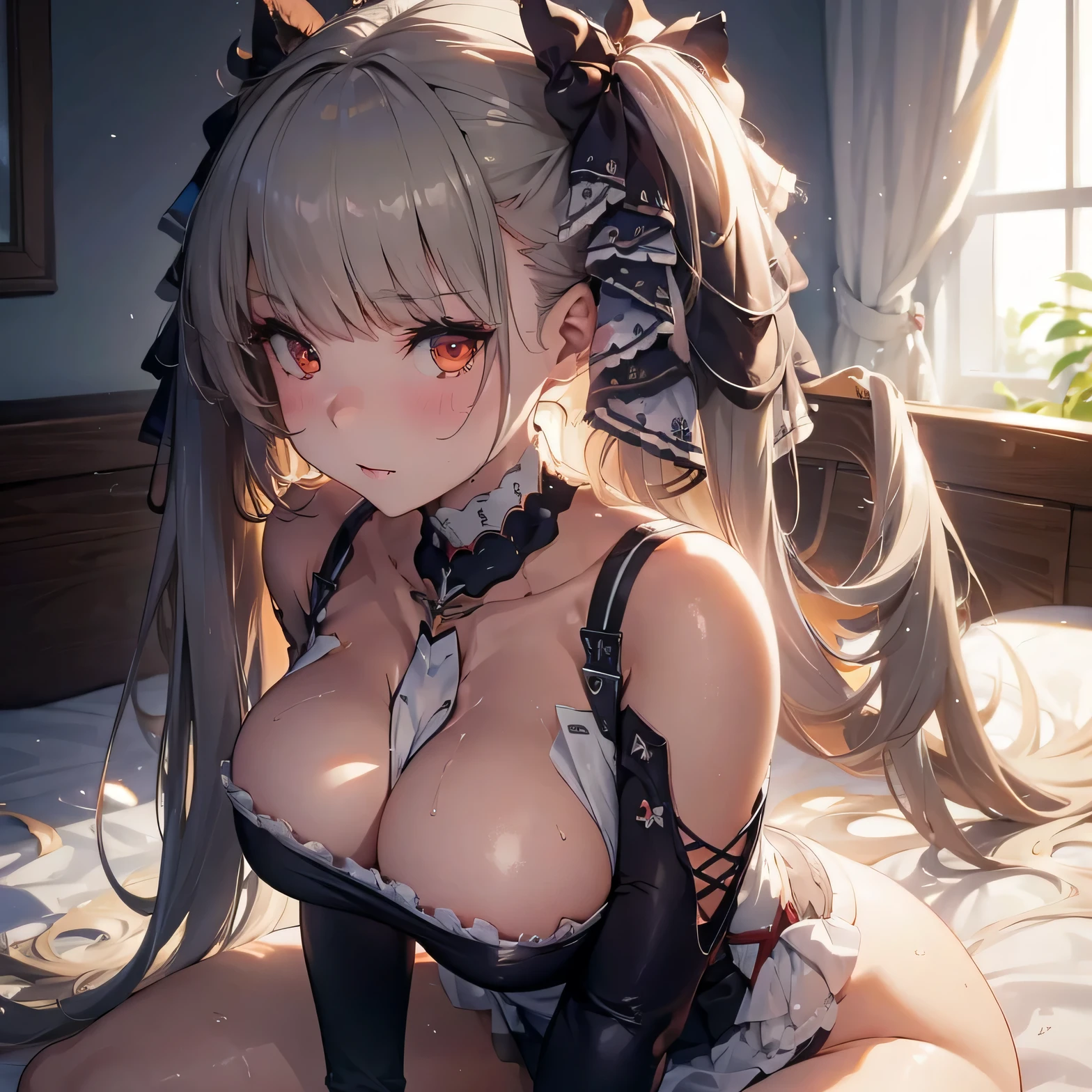 ((Formidable from Azur Lane)), big breasts, big ass, sitting on bed, tired, wet skin, wet body, sweaty skin, sweaty, Best quality, 8K, A high resolution, anatomically correct, masterpiece.
