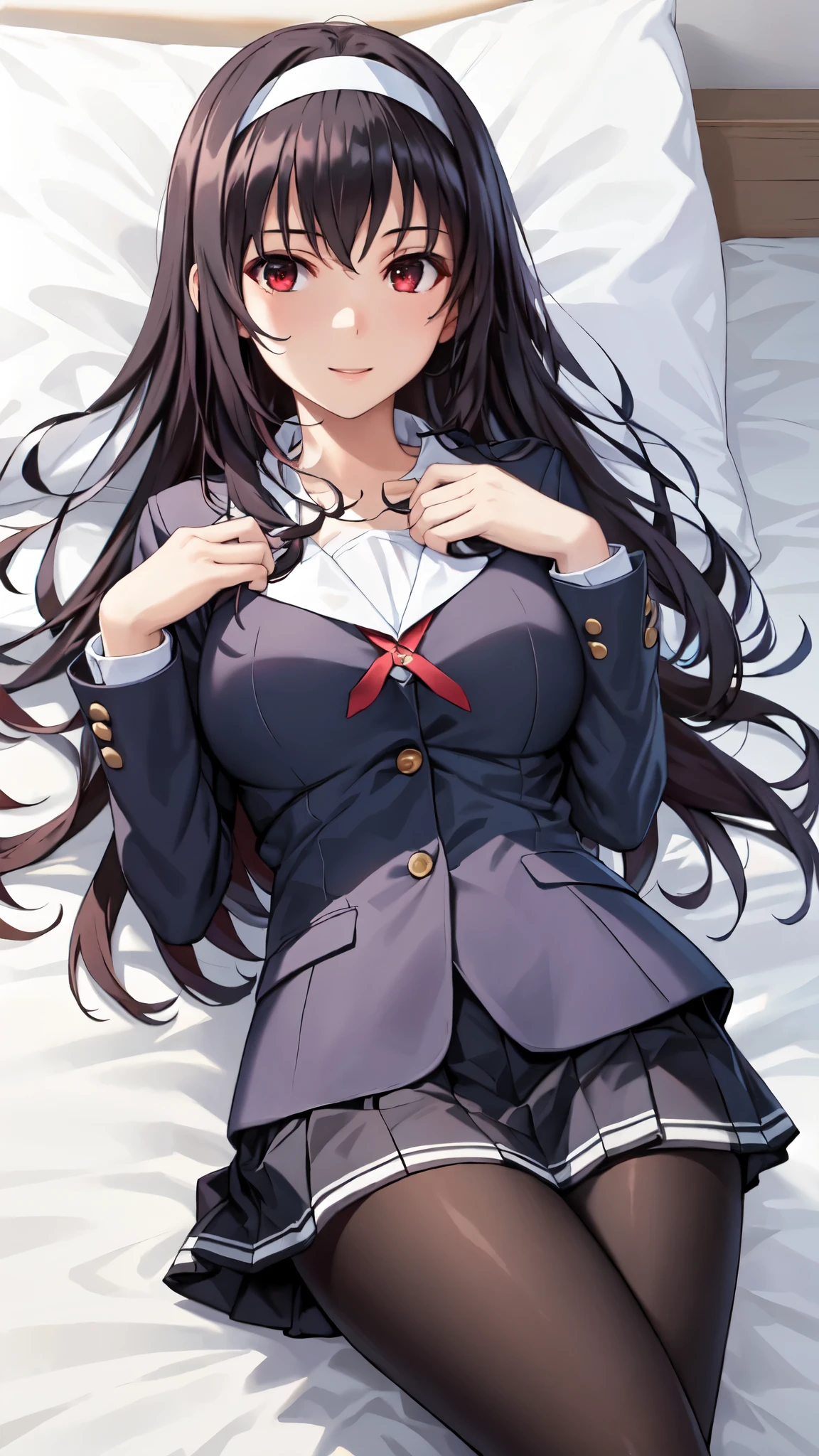 masterpiece, highest quality, One girl, lying, hands up,anime,Aesthetic Anime Eyes,Smile,alone, Long Hair, Black Pantyhose, , Black Hair, Long Straight Hair,Red eyes, Pleated skirt, White hair band, bangs, Jacket, big breasts,Bedroom,bed,