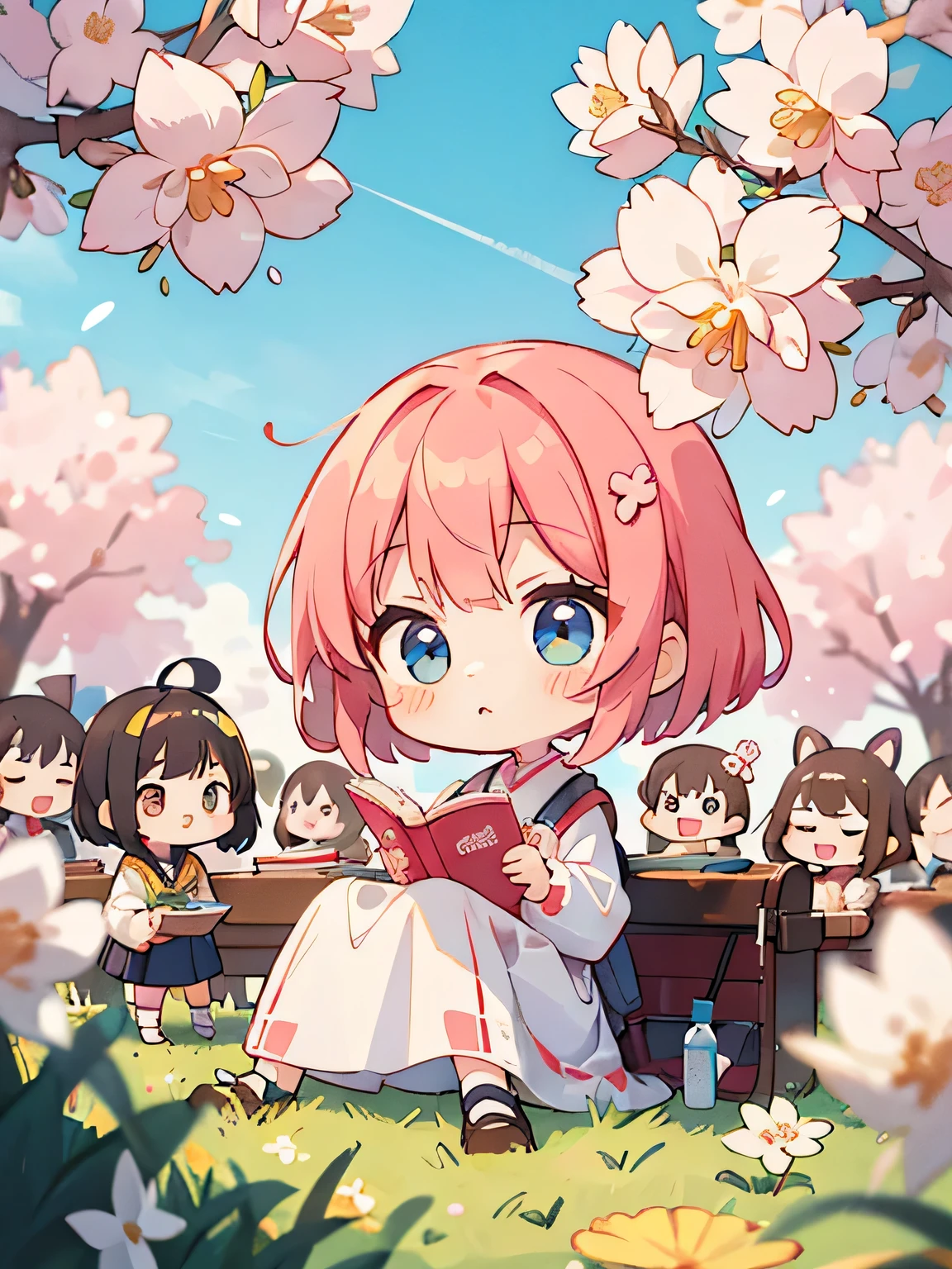 Momoko Sakura style, Kawaii Design, (((many people)))、most beautiful girl ever、Chibi, Colorful bob hair、((Lots of friends))、Studying outside together