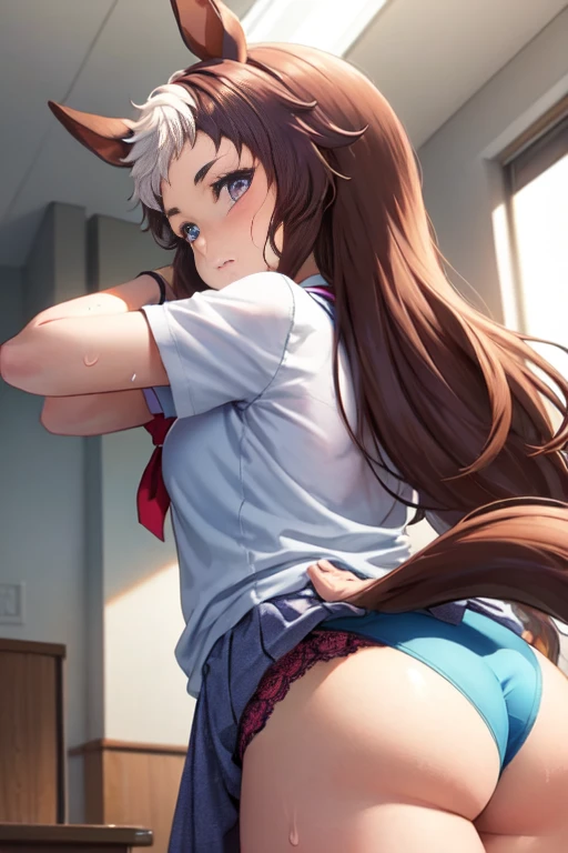 mejiro ryan \(umamusume\)、 1 high school girl&#39;s butt、 depth of fields, (View from below:1.2),full of sweat、school classrooms、Expose panties、Rear view、