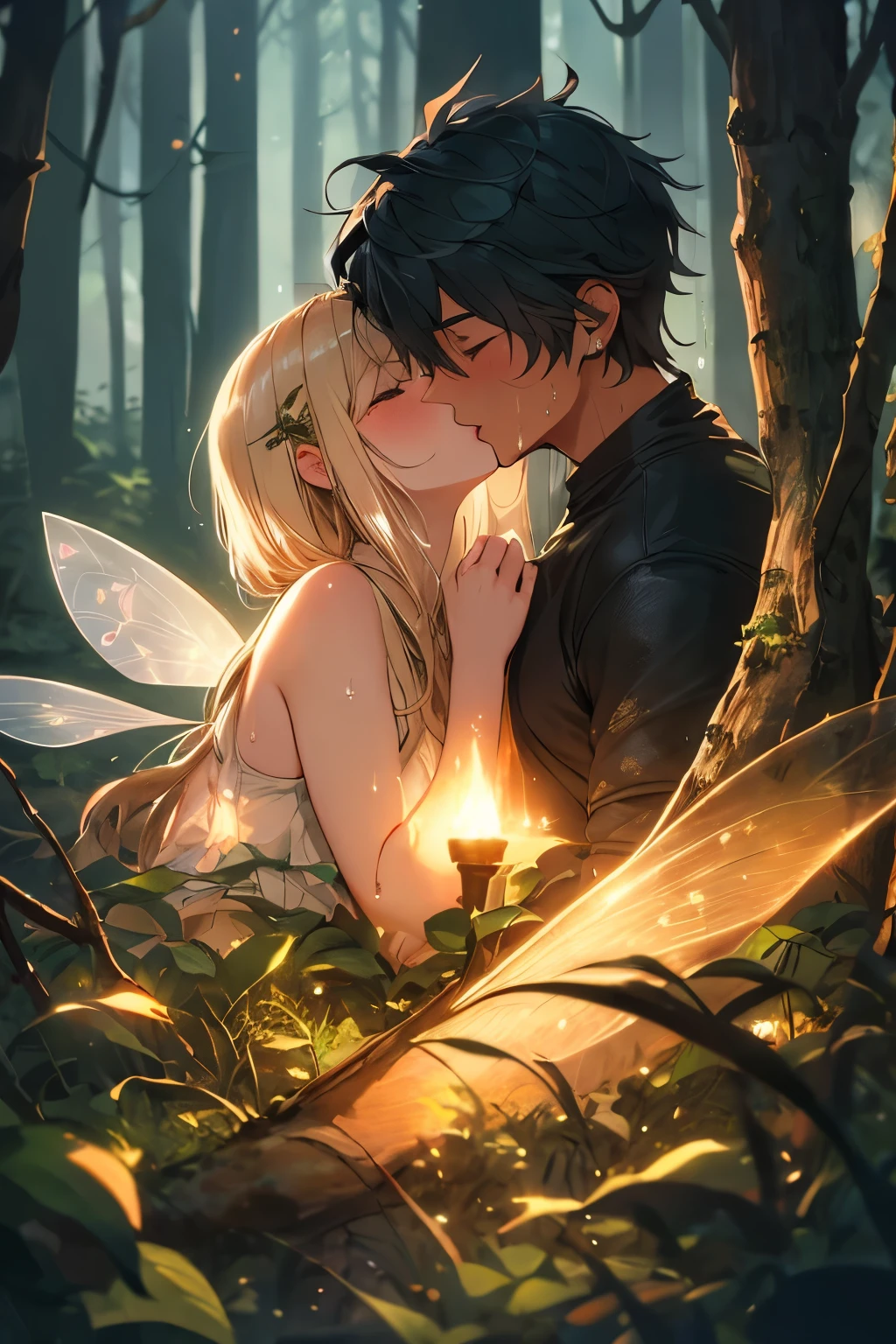 masterpiece, best quality, unity 8k wallpaper, illustration, very detailed, ((shame, excitement , 1 female fairy, 1 man, first sound)), ((black skin)),whole body, sweat, Warmth, solid, big bust ((in the dark forest))(((kiss)))