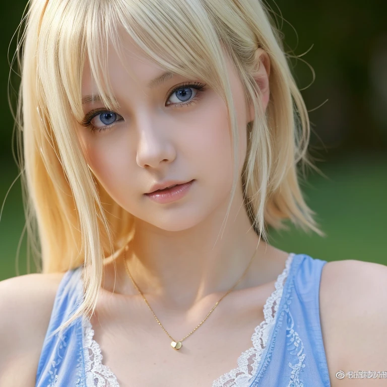 Asian girl, White skin, Straight blonde hair girl, Gold lace camisole vest， beautiful clear eyes， Blue pupils， beautiful necklace and earringedium chest tight and Medium breasts， Delicate face， ， Clavicle，Lovely lips