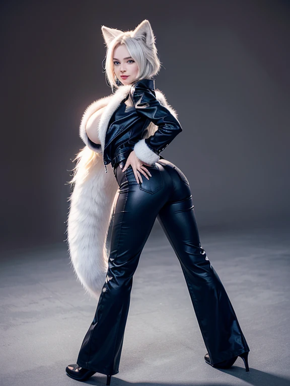 ((highest quality, 32k)), ((masterpiece)), (Familiar), Perfect Face, Arctic fox girl, Beautiful woman, public, Has a tail, She has a fluffy tail, She has a red fox&#39;s tail., She wags her tail, smile, bell collar, She is wearing a pantsuit, Beautiful Hips, Big Breasts, Big tail, A tail sticking out from a pantsuit, She turns around on all fours