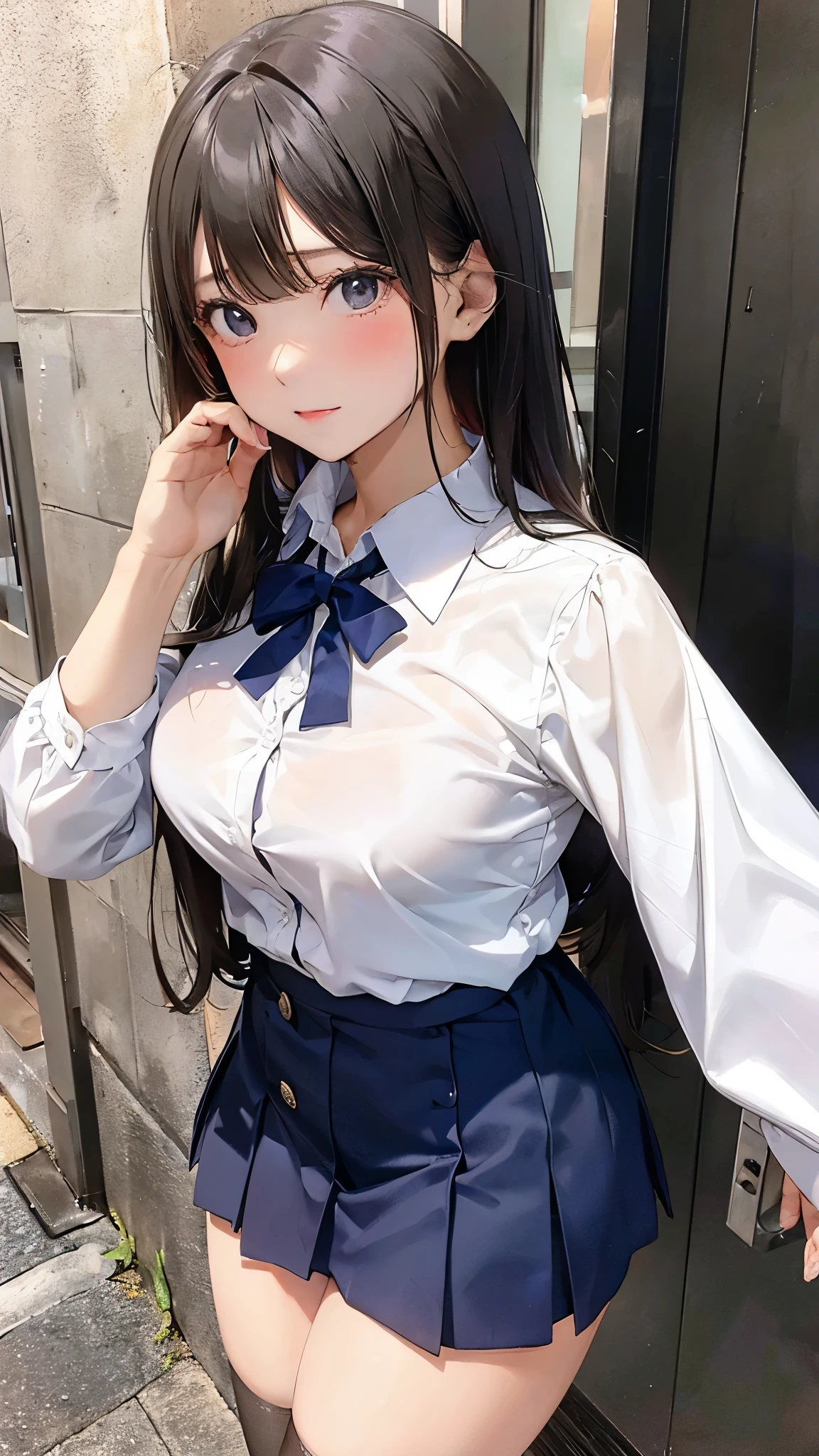 young woman, medium breasts, wearing a school sex dress, with 4 buttons open from the top and wearing a short skirt,