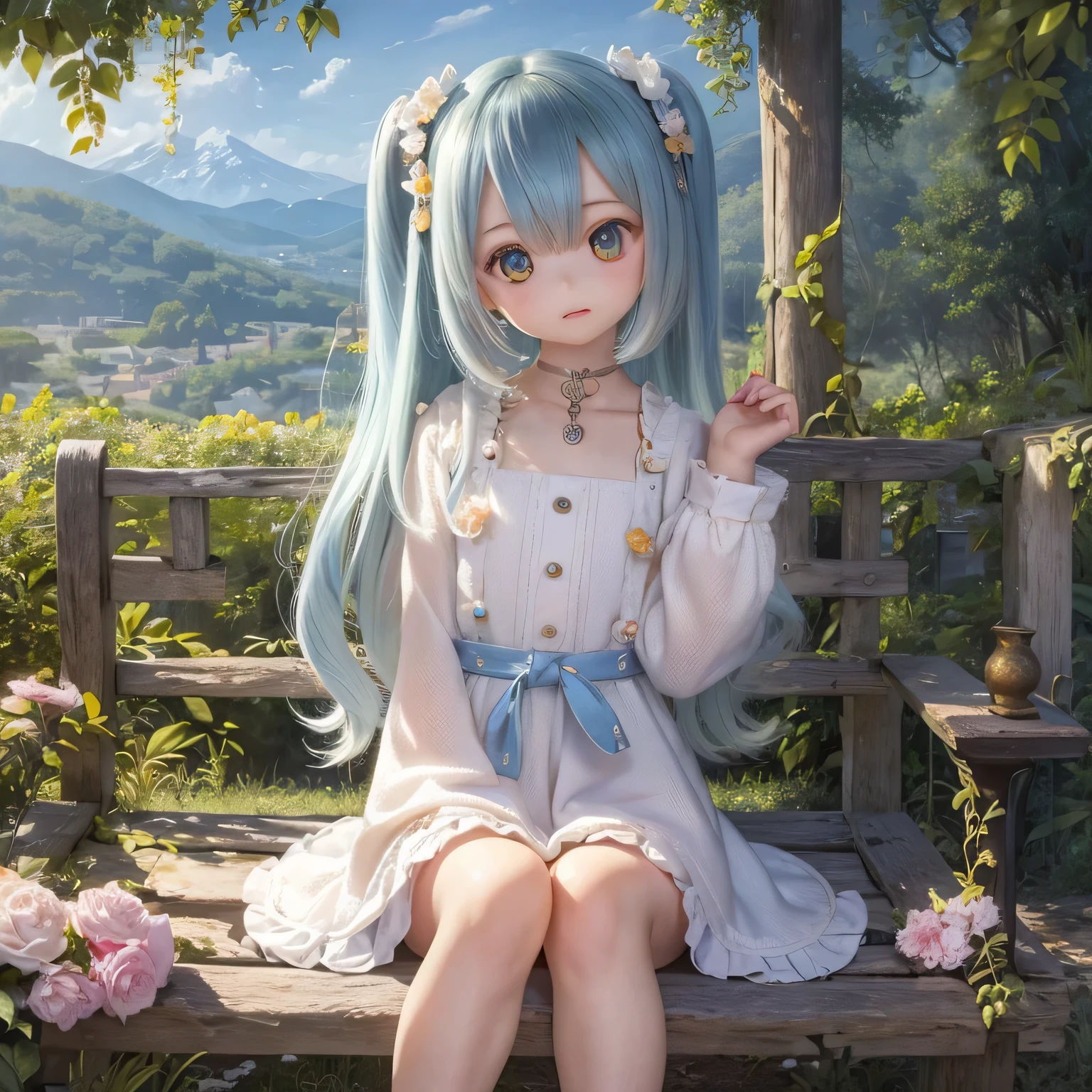 (ocean View) Girl inside(Calm) Country garden, Lush greenery and vibrant flowers々Surrounded by. she is(Wooden bench) and a(Soft cushion) While she gazes into the distance. The garden is located at the foot of a majestic mountain.(range) Reaching the sky, and its peaks covered in a blanket of(Wispy clouds). Girls are wearing(Flowing Summer Dress) It matches perfectly with the colors of the flowers blooming around her.. she(Beautiful fine details) shine and curiosity and wonder as she takes in the breathtaking(View) Before she. The sunlight shines through the leaves, casting(Mottled Shadows) On the ground. The air is filled and the sweet scent of blooming flowers and the gentle sound of birds chirping. The scene is warm(colorful) Shine, Create a sense of peace and tranquility. The girl's hair is dancing(breeze), adding to the Calm atmosphere of the place. This work、(Computer Generated Image) technology, and a focus on(Very detailed) Element and(Realistic) style. The colors are vibrant and lively, Bringing the scene to life. The lighting is soft、(Sunlit), Highlight the natural beauty of your surroundings. The overall image quality is top notch, and(4K resolution), capturing even the finest details and(Ultra-high resolution) Accuracy. This masterpiece of art combines the beauty of nature and the innocence and wonder of youth, Create a truly captivating visual experience.spread arms