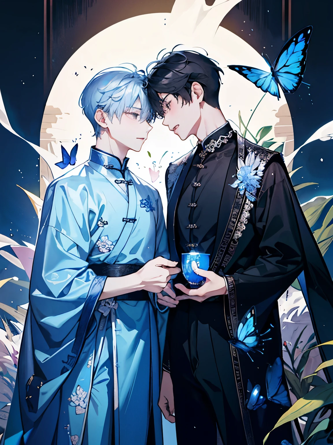 ((Two boys around 16 years old)),(古代中国風のgod官のような赤と白と黒の衣装),((A blue-silver butterfly that shines like crystal々)),(Long black hair),Hair tied to one side,smile,A fantastic atmosphere,(god々Shii),((They are staring at each other))