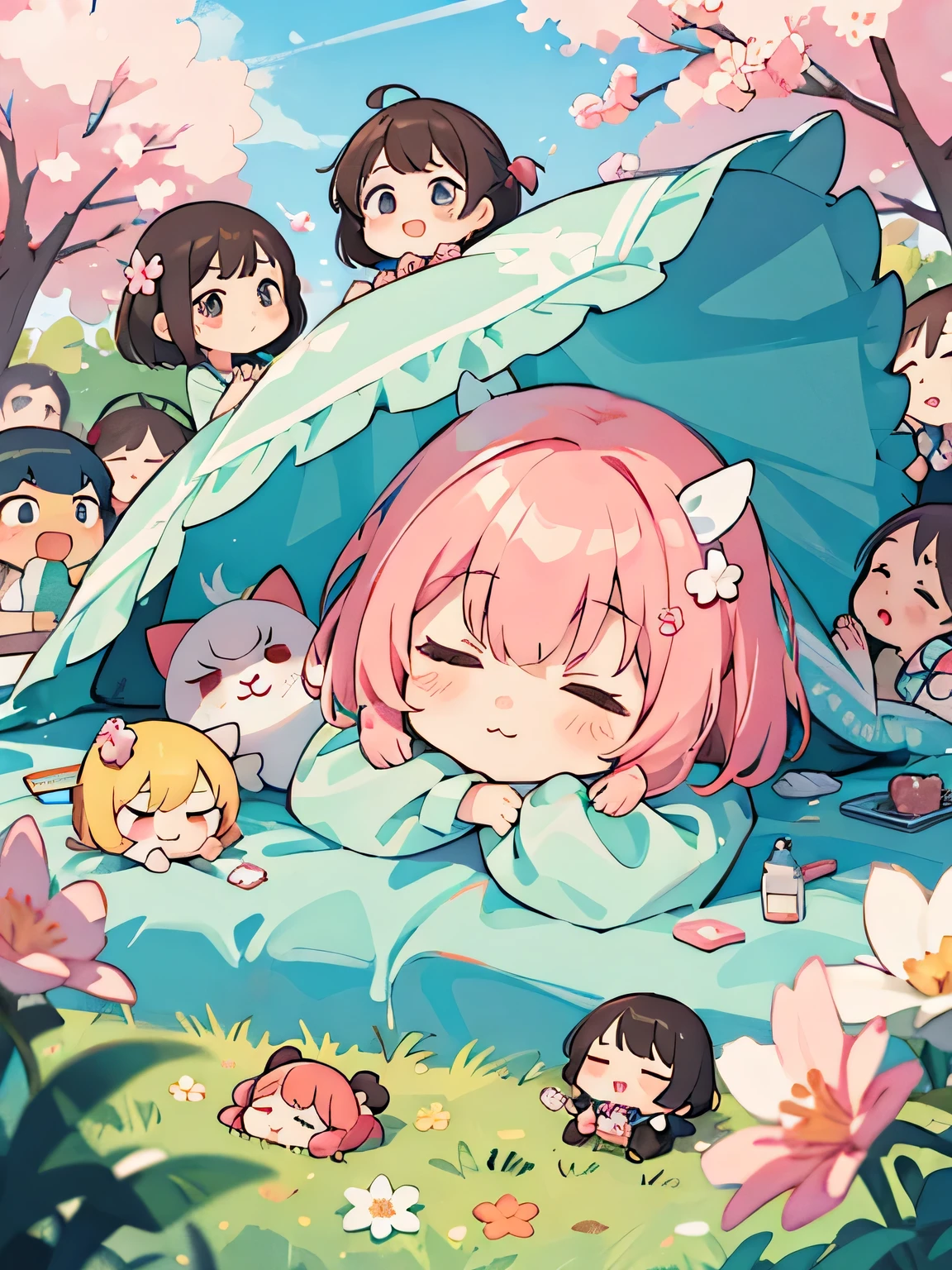 Momoko Sakura style, Kawaii Design, (((many people)))、most beautiful girl ever、Chibi, Colorful bob hair、((Lots of friends))、Everybody taking a nap outside