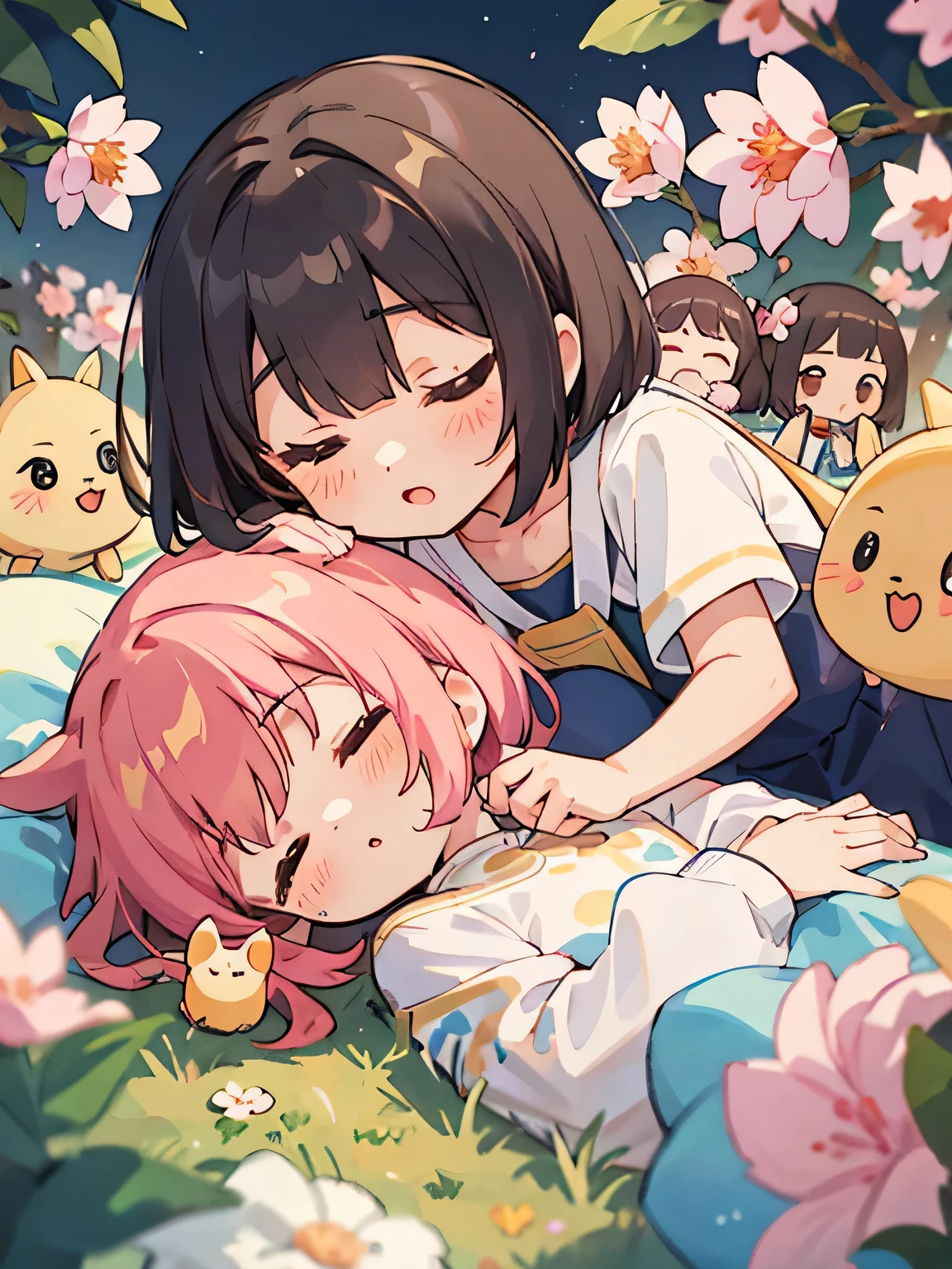 Momoko Sakura style, Kawaii Design, (((many people)))、most beautiful girl ever、Chibi, Colorful bob hair、((Lots of friends))、Everybody taking a nap outside