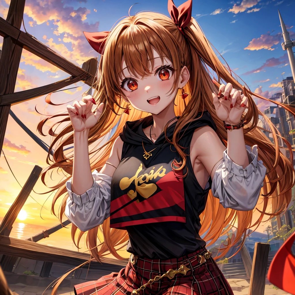 Brown, red, gold, golden hair、Red eyes、One good looking girl、solo、anime、Checkered mini skirt、Black camisole、Black T-shirt、hoodie、Wearing a ribbon、Ribbon on waist、Crystal Earrings、Gemstone Necklace、Light and shadow、Tilting face、Teeth are visible、waterfall、Kuroko、wearing goggles on head、tunnel、pylon、Sunset sky、Towering