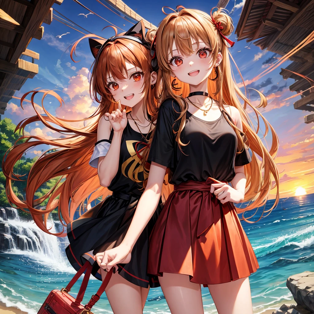Brown, red, gold, golden hair、Red eyes、One good looking girl、solo、anime、Checkered mini skirt、Black camisole、Black T-shirt、hoodie、Wearing a ribbon、Ribbon on waist、Crystal Earrings、Gemstone Necklace、Light and shadow、Tilting face、Teeth are visible、waterfall、Kuroko、wearing goggles on head、tunnel、pylon、Sunset sky、Towering
