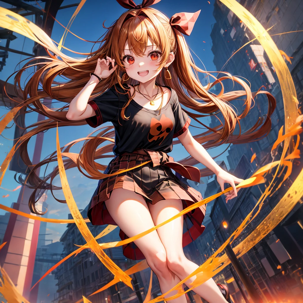 Brown, red, gold, golden hair、Red eyes、One good looking girl、solo、anime、Checkered mini skirt、Black camisole、Black T-shirt、hoodie、Wearing a ribbon、Ribbon on waist、Crystal Earrings、Gemstone Necklace、Light and shadow、Tilting face、Teeth are visible、waterfall、Kuroko、wearing goggles on head、tunnel、pylon、Sunset sky、Towering