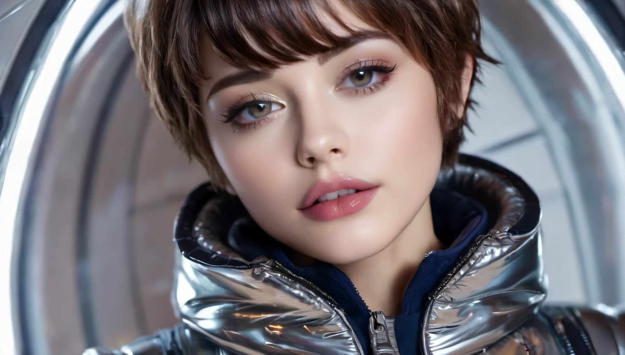 Masterpiece, Best Quality, ((cute girls in open shiny puffer, no makeup, small perky breasts, extremely detailed face, beautiful detailed eyes, beautiful detailed lips, short colored pixie hair, small hips, curious facial expression, enticing, in a spaceship))