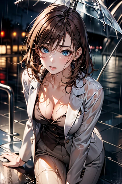 (masterpiece:1.2, highest quality), (Realistic, photoRealistic:1.4), Beautiful illustrations, (Natural side lighting, Cinema lighting),
Watching the audience, Face focus, Upper Body, 1 female, Japanese, Perfect Face, Perfect body, Symmetrical cute face, Glowing Skin, Baby Face, big breasts:1.4, Hair between the eyes, Emerald green eyes, Captivating thighs, thin,
Beautiful Hair, Beautiful Face, thin and beautiful eyes, Beautiful clavicle, Beautiful body, Beautiful breasts, Beautiful thighs, Beautiful legs, Beautiful fingers, Are standing,(masterpiece:1.2, highest quality), (Realistic, photoRealistic:1.4), Beautiful illustrations, 1 female, Japanese, ((brown hair, Medium Hair:1.5, Wet Hair:1.4)), blown 髪, bangs, 髪 between eyes, big breasts,
beautiful 髪, Beautiful Face, Beautiful and detailed, Beautiful clavicle, Beautiful body, Beautiful breasts, Beautiful thighs, Beautiful legs, Beautiful fingers,
((Suit jacket, pants suit:1.6, Collared shirt)), ((night, Rainy street:1.4, Looking up:1.6, Singing in the rain, Close your eyes))