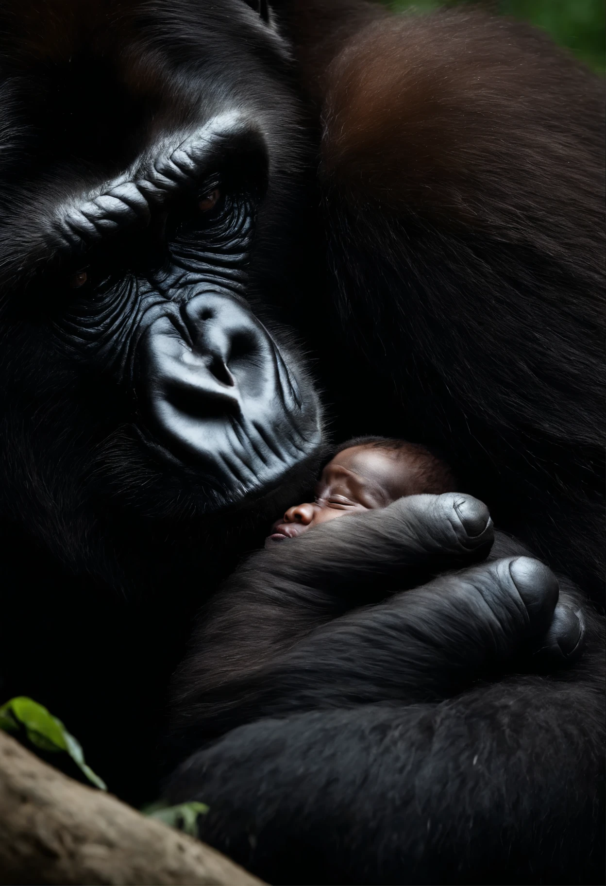 Nap time
baby (tarzan/mowgly) sleeping in his mother (gorilla/wolf) belly, jungle environment, amazing, nature, hyper-realistic, intricated detail, national geographyc pothographic art, 64k resolution,