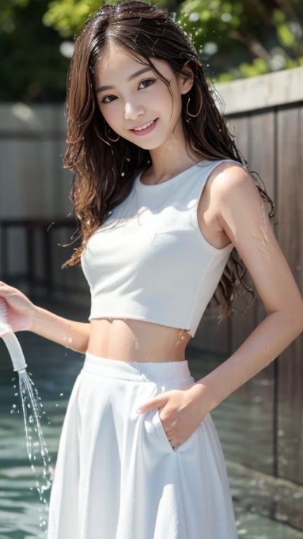 highest quality,masterpiece,超A high resolution,RAW Photos,One Girl,Japanese、Loose perm hair、length、brown hair、Smiling face、Professional photography、Eye contact with the audience、Same skin type as humans、A woman dressed in Japan from head to toe、Blur the background、Anatomical accuracy、Very detailed and beautiful、Ultra HD、length、Her hair is flowing and sexy、Very detailed beautiful girl、Shoulder-length hair、Floristのスタッフ,Florist、(White long skirt:1.4)、(Tight sleeveless top is wet:1.4)、(Water from a hose splashes on me:1.4)、(Water gets on clothes:1.2),(Her underwear is visible:1.4)
