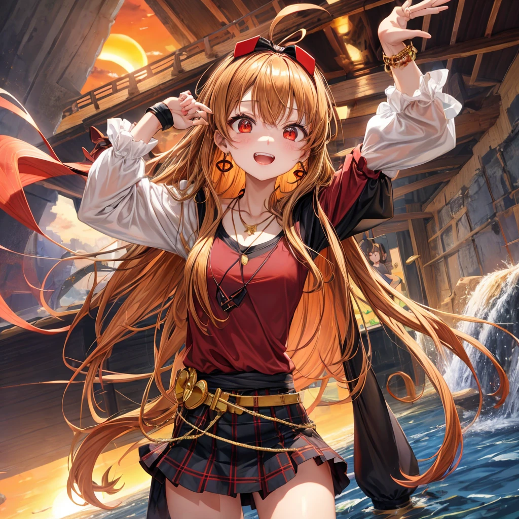 Brown, red, gold, golden hair、Red eyes、One good looking girl、solo、anime、Checkered mini skirt、Black camisole、Black T-shirt、hoodie、Wearing a ribbon、Ribbon on waist、Crystal Earrings、Gemstone Necklace、Light and shadow、Tilting face、Teeth are visible、waterfall、Kuroko、wearing goggles on head、tunnel、pylon、Sunset sky、Towering、frilled lizard