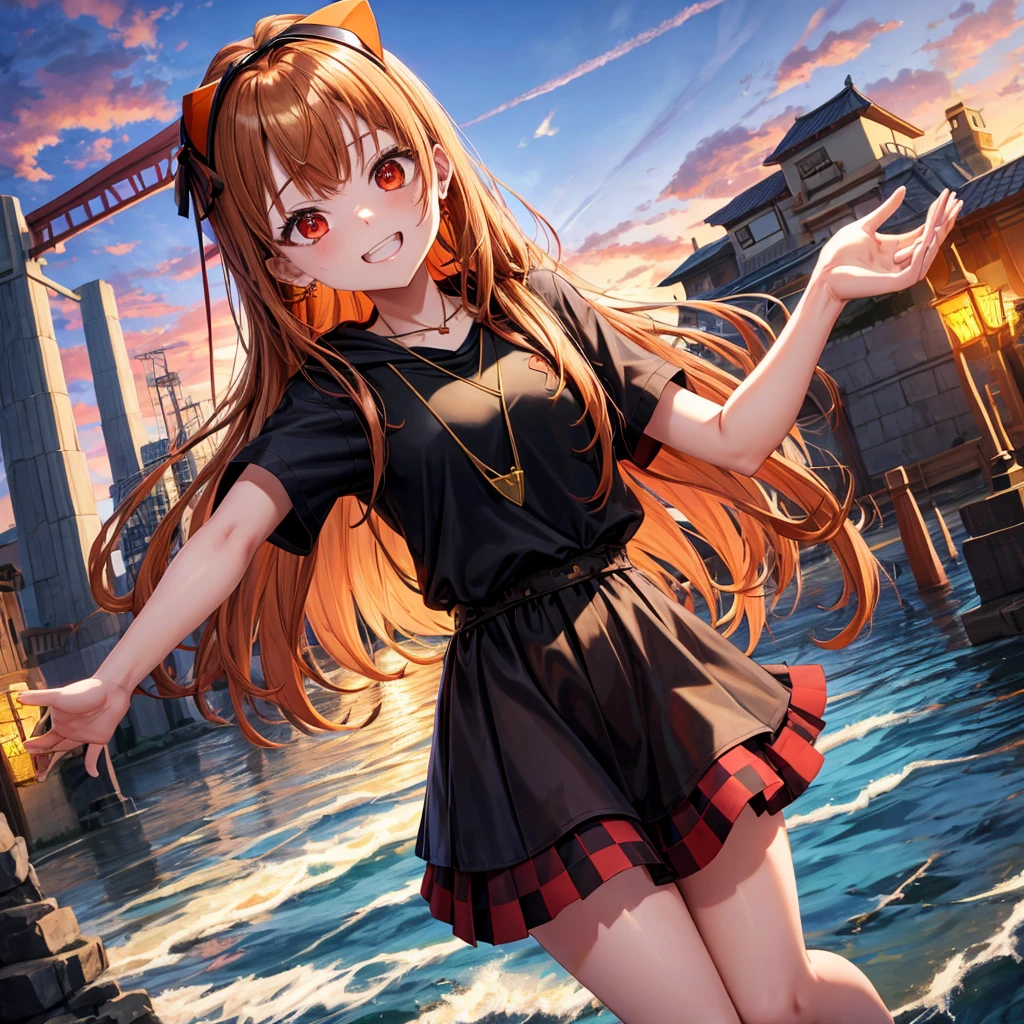 Brown, red, gold, golden hair、Red eyes、One good looking girl、solo、anime、Checkered mini skirt、Black camisole、Black T-shirt、hoodie、Wearing a ribbon、Ribbon on waist、Crystal Earrings、Gemstone Necklace、Light and shadow、Tilting face、Teeth are visible、waterfall、Kuroko、wearing goggles on head、tunnel、pylon、Sunset sky、Towering、frilled lizard