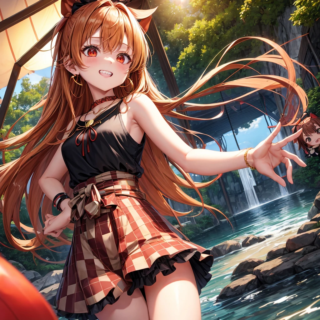 Brown, red, gold, golden hair、Red eyes、One good looking girl、solo、anime、Checkered mini skirt、Black camisole、Black T-shirt、hoodie、Wearing a ribbon、Ribbon on waist、Crystal Earrings、Gemstone Necklace、Light and shadow、Tilting face、Teeth are visible、waterfall、Kuroko、wearing goggles on head、tunnel、pylon、Sunset sky、Towering、frilled lizard