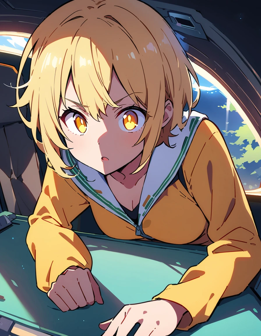 (highest quality、masterpiece、High resolution、detailed)、animeスタイル、Flat Style、extremely detailed、High saturation、(Shining Eyes、detailed美しい顔),  BREAK,1 girl、A young sexy woman with short hair and blonde hair in sexy clothes sits in a spaceship seat、A beautiful starry sky can be seen from the window.。(highest quality、masterpiece、High resolution、detailed)、animeスタイル、Flat Style、(Shining Eyes、detailed美しい顔),  BREAK,anime