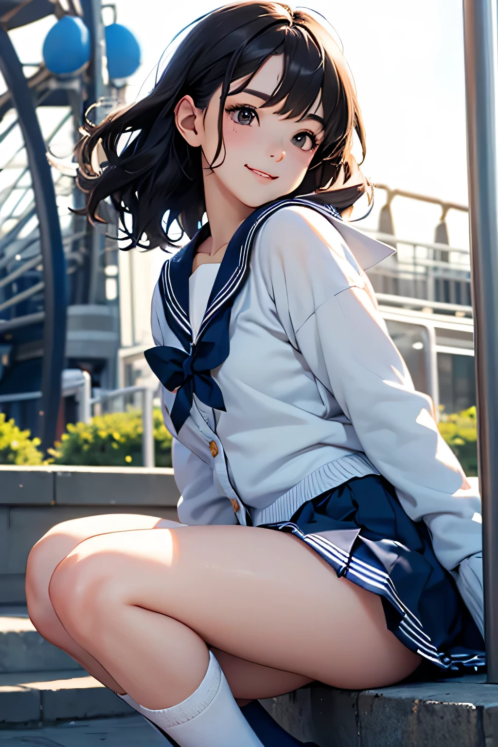 highest quality、High resolution、Detailed Background、 Girl、Black Hair、Sexy wavy hairstyle、Perfect body line、Calm atmosphere、Elegant and cute、well-groomed eyebrows、Feminine atmosphere、cute gesture、A big smile、Happy expression、
((Sheer sailor suit、light blue sailor color、Checkered pleated mini skirt、Cute School Cardigan、petticoat、White knee-high socks))、Amusement park date、A close-up of a sailor collar from the side