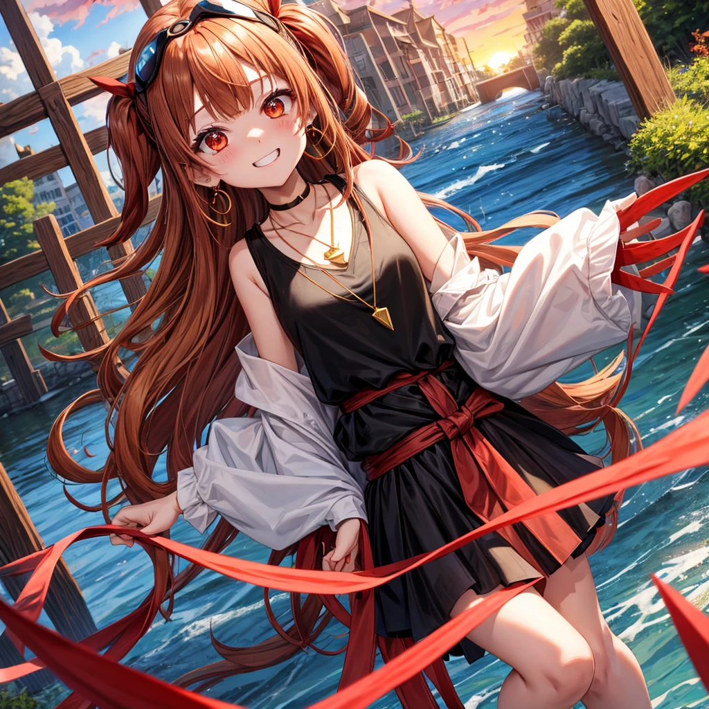 Brown, red, gold, golden hair、Red eyes、One good looking girl、solo、anime、Checkered mini skirt、Black camisole、Black T-shirt、hoodie、Wearing a ribbon、Ribbon on waist、Crystal Earrings、Gemstone Necklace、Light and shadow、Tilting face、Teeth are visible、waterfall、Kuroko、wearing goggles on head、tunnel、pylon、Sunset sky、Towering、frilled lizard